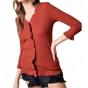 NEW DOE AND RAE v-neck frill rib top in chestnut